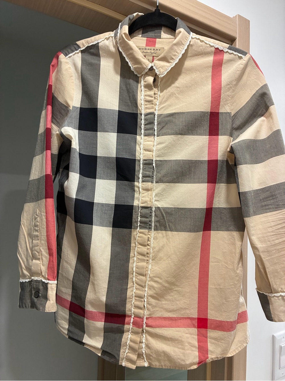 Burberry Beige Plaid Button-Down Shirt with Red Accents